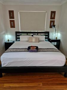 a bedroom with a large bed with white sheets and pillows at Eliza's Island in Sydney