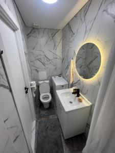 a bathroom with a toilet and a sink and a mirror at Светлая 2 спальная квартира в историческом центре Астаны in Astana