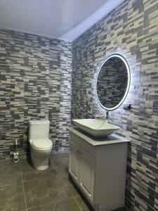 a bathroom with a toilet and a sink and a mirror at Little Bern #1, your little oasis with pool access in San Mateo