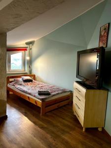 a bedroom with a bed and a flat screen tv at Sloneczny pokoj in Świnoujście