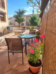 サント・トメ・デル・プエルトにあるApartamentos Turísticos La Casa de Dafneの花が咲くパティオ(テーブル、椅子付)