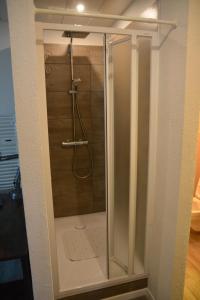 a shower with a glass door in a bathroom at Loc Aquatropic appartement de vacances in Bevaix +14 photos