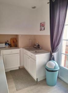 a kitchen with a sink and a trash can at Appartement 2-4 pers in Souillac