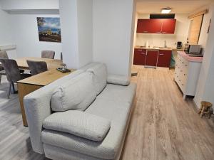 ein Wohnzimmer mit Sofa und eine Küche in der Unterkunft Aurora Apartment in Essen in Essen