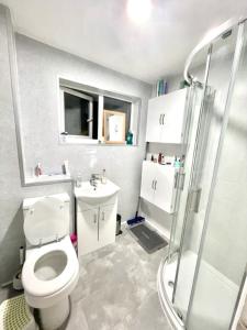 a bathroom with a toilet and a shower and a sink at Double room in 3 bedroom house in Edinburgh