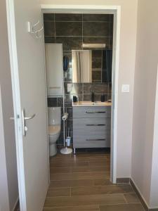 a small bathroom with a sink and a toilet at Gite Esprit Etape in Saint-Barthélemy-de-Vals +19 photos