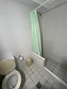 a bathroom with a toilet and a green shower curtain at Departamento Cataluña Vista al Mar in Mar del Plata