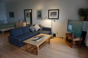 a living room with a blue couch and a tv at Tofino Eco Waterfront Condo in Tofino +16 photos