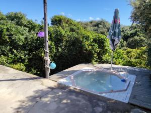 a swimming pool with an umbrella and an umbrella at In the bush in Boknes