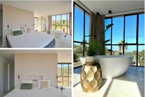 Una habitación con una cama y una bañera en una habitación con ventanas. en Villa CAN YUCA, en Illes Balears 28 fotos más