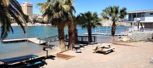 a picnic table and benches on a beach with palm trees at #2 bedroom cozy SUITE, 1 min walk to the beach # in Bullhead City