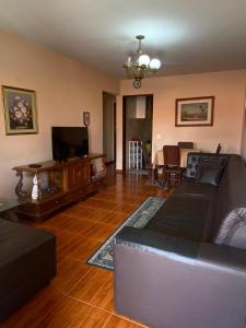 a living room with a couch and a tv at Amplo APT próximo a lagoa/centro in Araruama