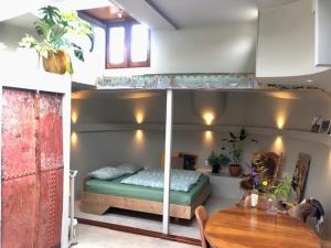 阿姆斯特丹坦特皮埃特船屋的一间卧室配有一张双层床和一张桌子