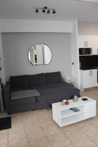 FaraíAmmos Seaside Apartment - 100 metres from the sea的客厅里有一张沙发和一张桌子。