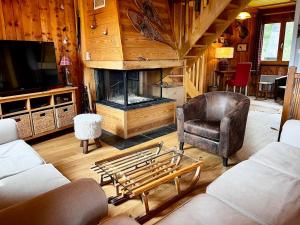 a living room with a couch and a fireplace at Chalet spa bath fireplace ski-in out in Ax-les-Thermes
