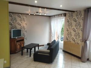 a living room with a couch and a tv at Appartement Passementier centre du bourg in La Séauve-sur-Semène