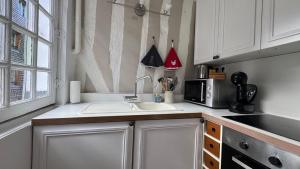 een keuken met een spoelbak en een magnetron bij Appartement rénové 250m du port - classé 3 étoiles in Honfleur +9 foto's