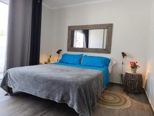 a bedroom with a bed with blue pillows and a mirror at Casa Esterlita in Tarajalejo
