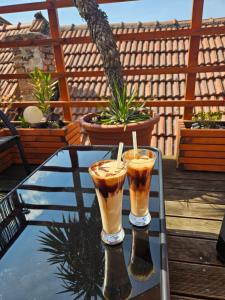 two drinks sitting on a glass table on a patio at Penzion u Studánky in Horní Věstonice