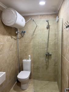 a bathroom with a shower and a toilet and a sink at Saranda View Apartments in Sarandë