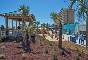 カロライナビーチにあるWriters Cove by Carolina Beach Realtyのヤシの木と建物のあるビーチの景色を望めます。