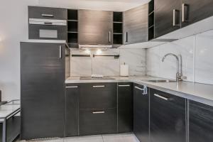 eine Küche mit schwarzen Schränken und Edelstahlgeräten in der Unterkunft Aguila Playa Beach Escape in Maspalomas