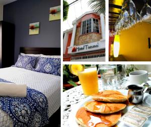 a collage of pictures of a bedroom with a bed and pancakes at Hotel Tazumal House in San Salvador