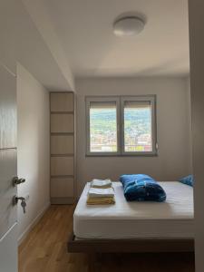 a bedroom with a bed with blue pillows and two windows at Cozy apartment-center of Skopje in Skopje