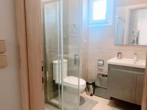 a bathroom with a toilet and a glass shower at MariAggela's Cosy House in Theologos