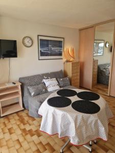 a living room with a bed and a clock on the wall at Studio les pieds dans l'eau in Cap d'Agde