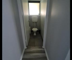 a small bathroom with a toilet and a window at Zeehan 3 bedroom house in Zeehan