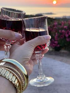 a person holding two glasses of red wine at Da Marta Appartamento VISTA MARE MOZZAFIATO ISOLA ROSSA in Cascabraga