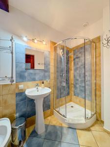 a bathroom with a sink and a shower at Pod Kogutem in Cierzpięty