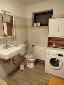 a bathroom with a toilet sink and a washing machine at Ferienwohnung Zur goldenen Glocke in Mechernich