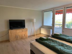 TV a/nebo společenská místnost v ubytování Apartment Bodenseepanorama mit wunderschönem Alpenpanorama und Indoor-Pool