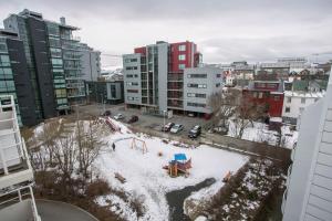 レイキャビクにあるPenthouse Downtown with Free Parkingの雪遊び場付きの市街の景色