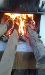two logs are cooking in an oven with fire at Residencial mineiro in São Lourenço