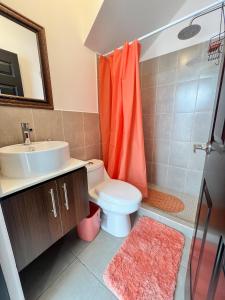 a bathroom with a toilet and a sink and a shower at Casa Café Cacao in San Pedro Las Huertas