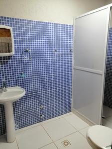 ein blau gefliestes Bad mit einer Dusche und einem Waschbecken in der Unterkunft Los Lapachos Lodge in Puerto Libertad