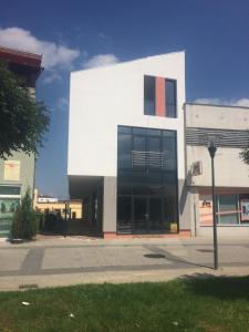 a white building with a parking meter in front of it at Central House in Štúrovo