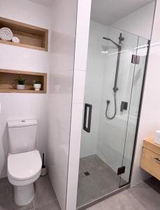 a bathroom with a toilet and a glass shower at Central City Queenstown Retreat - 3 Bedroom Apartment in Queenstown