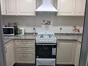 a kitchen with a stove and a microwave at Casa en Venado Tuerto in Venado Tuerto