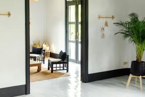 a living room with a mirror and a potted plant at Stylish Flat and Old Town View in Luang Prabang
