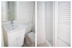 2 Bilder eines Badezimmers mit Waschbecken und WC in der Unterkunft Heivlinder Comfort 42p in Ermelo + 21 Fotos