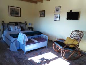 1 dormitorio con 1 cama, 1 silla y TV en Bergerie de Lagarrigue, en Baladou