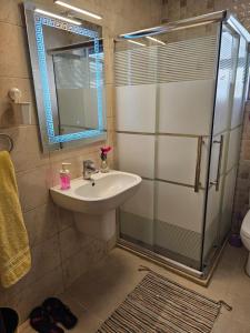 a bathroom with a sink and a shower with a mirror at 2 bedrooms apartment no 18 in Amman +18 photos
