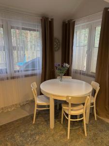 a dining room table with chairs and a vase of flowers on it at Leśna Chata in Kamieńczyk +4 photos