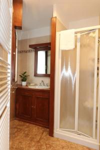 Un baño con ducha con lavabo y espejo. en Casa Angy, en Galbino