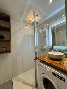 a bathroom with a washing machine and a sink at Le petit Vasselot, Centre de Rennes in Rennes