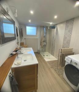 a large bathroom with two sinks and a shower at La Marjalou à Vence avec piscine & grand jardin in Vence